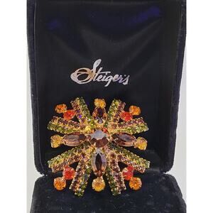 Vintage Rhinestone Starburst Brooch Gold Tone 2.25 Inch w Steiger's Box